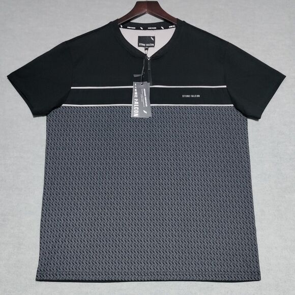 Stone Falcon Mens Shirt Size Large Black Gray Zip V-Neck Cotton Spandex NEW - Picture 2 of 13